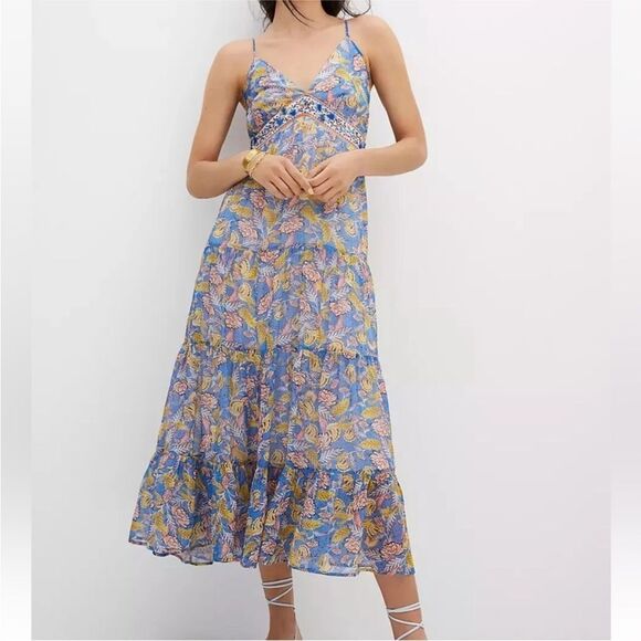 Anthropologie Verb by Pallavi Singhee Blue Floral Boho Tiered Midi Dress Size 12 - Picture 1 of 9